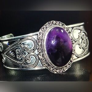 Amethyst Stamped 925 Sterling Silver Cuff Bracelet